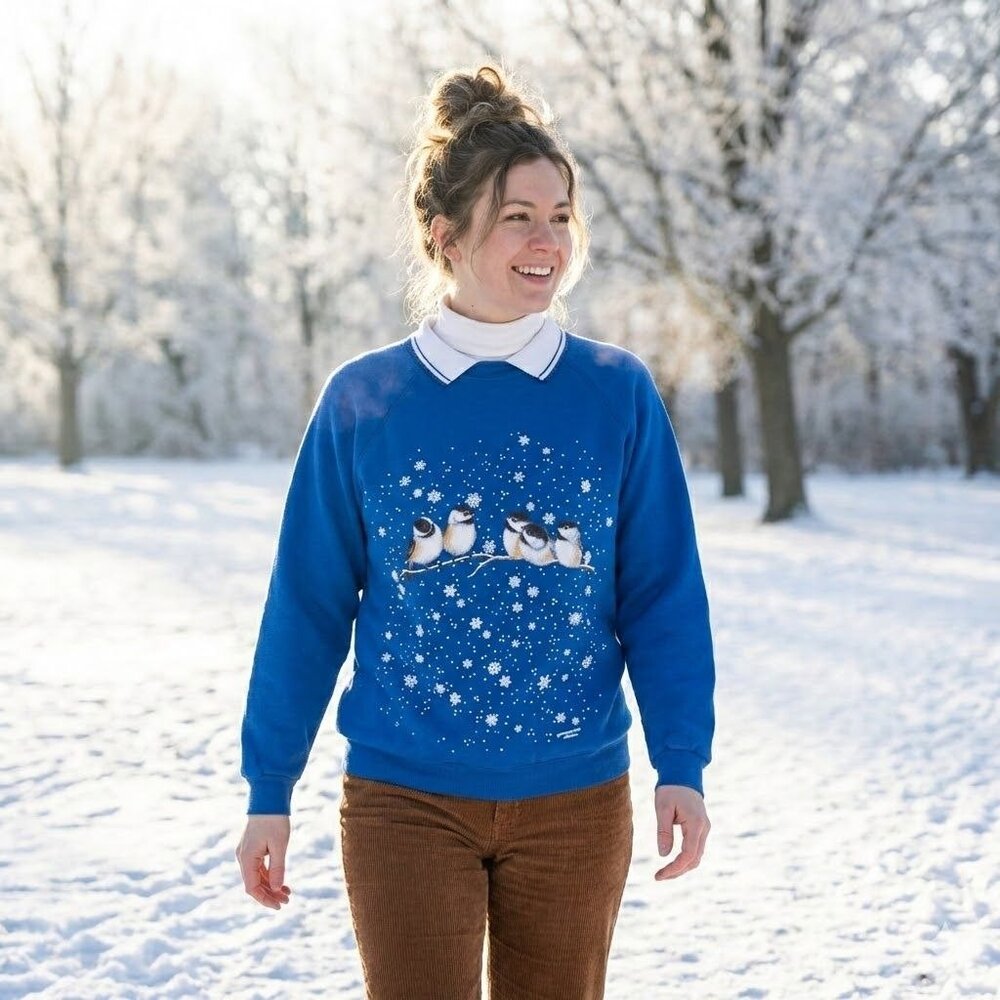 Vintage 90s Grannycore Sweatshirt Blue Chickadee Bird Winter Snow Cottagecore M